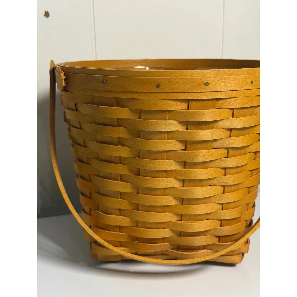 VTG Longaberger Basket Round Brown Woven Wood Plastic Liner 2002 Handwoven USA
